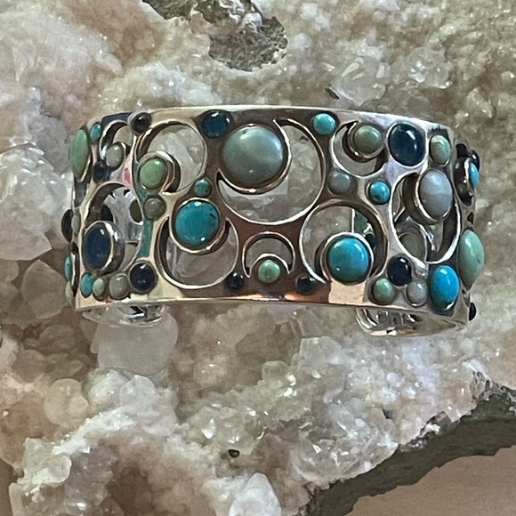 Jewelry - Vintage Sterling Silver Chunky Cuff Moon Cut Outs Various Stones